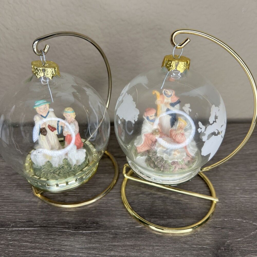 House of Lloyd 1994 Set of 2 Nativity Glass Globe Christmas Ornaments w/ Stands